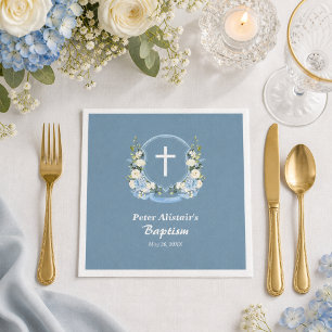Servilleta De Papel Azul Polvoriento Cruz Blanca Floral Cresta Bautizo
