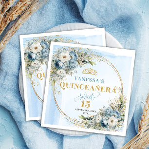 Servilleta De Papel Azul Polvoriento Floral Brillo Dorado Fiesta Quinc