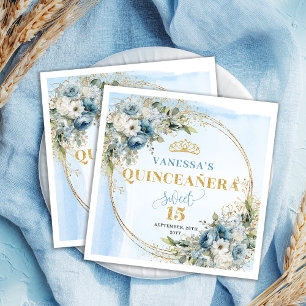 Servilleta De Papel Azul Polvoriento Floral Eucalipto Dorado Quinceañe