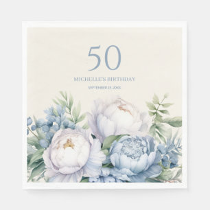 Servilleta De Papel Azul Polvoriento Flores Blancas Cumpleaños 50 Nomb
