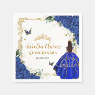 Servilleta De Papel Azul Real Floral Princesa Oro Quinceanera Mis 15