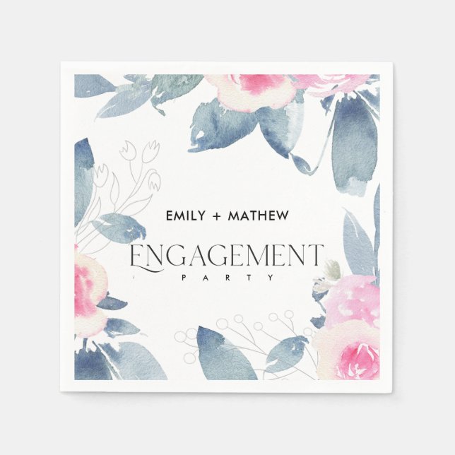 SERVILLETA DE PAPEL AZUL SUAVE FLORAL ACUARELA ROSADO COMPROMISO (Anverso)