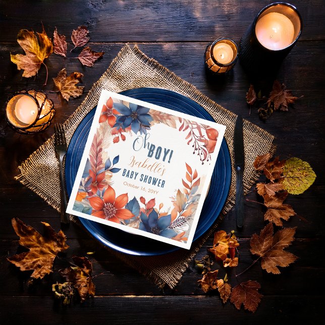 Servilleta De Papel Azul | Terracota Oh Boy Fall Floral Baby Shower (Boho Blue and Terracotta Fall |  Autumn Floral "Oh Boy!" Baby Shower Paper Napkins)