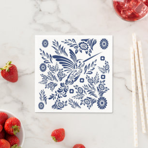 Servilleta De Papel Azul y Blanco Colibrí Floral Mexicano Talavera