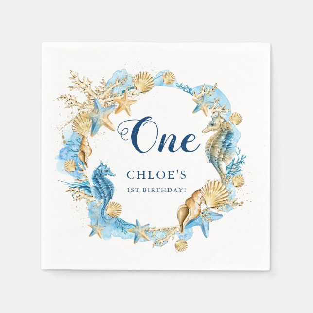 Servilleta De Papel Azul y oro bajo el cumpleaños del mar (Anverso)