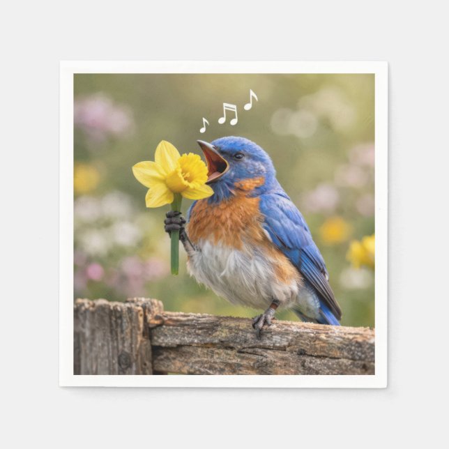 Servilleta De Papel Azulejo cantando en un narciso amarillo (Anverso)