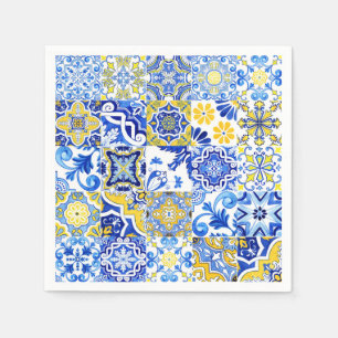 Servilleta De Papel Azulejo portugués de mayólica mosaico azul y amari