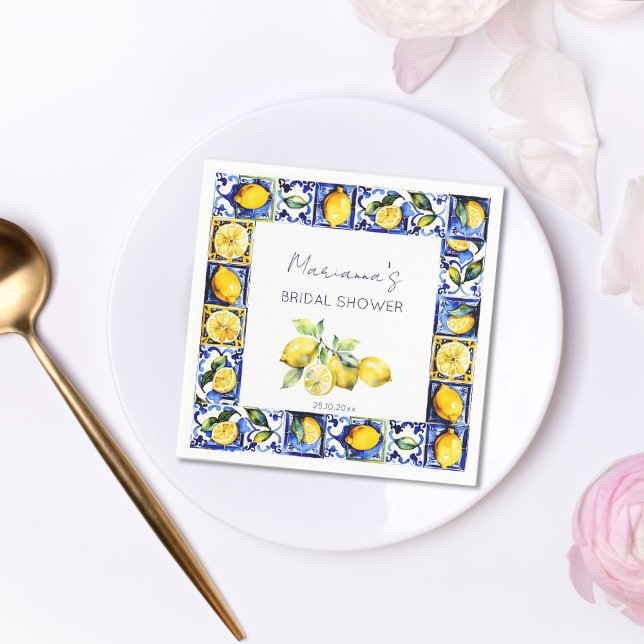 Servilleta De Papel Azulejos azules de Amalfi Positano limones ducha d (Amalfi Sicilian Majoica blue tiles lemons bridal shower tableware personalized napkins citrus themed)