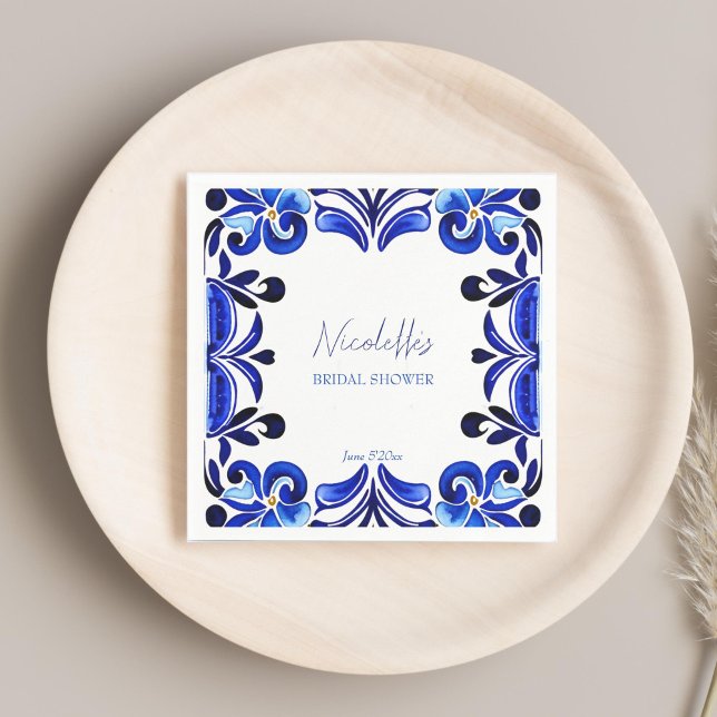 Servilleta De Papel Azulejos azules de Mediterráneo en baby shower de  (French Blue Mediterranean Spanish tiles bridal shower printed Napkins template personalized tablewar)