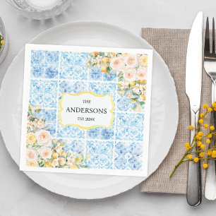 Servilleta De Papel Azulejos Azules Mediterráneos Flor Limón Nombre de