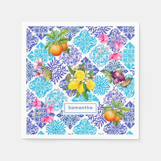 Servilleta De Papel Azulejos de cítricos sicilianos florales mediterrá (Anverso)