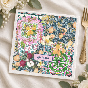 Servilleta De Papel Azulejos florales cítricos sicilianas azules rosad