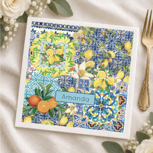 Servilleta De Papel Azulejos florales cítricos sicilianas turquesa azu