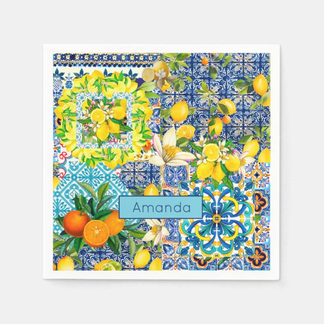 Servilleta De Papel azulejos florales de cítricos sicilianos azul moda (Anverso)