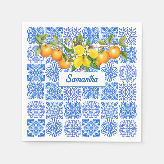 Servilleta De Papel Azulejos mediterráneos de cítricos amarillo azul s (Anverso)