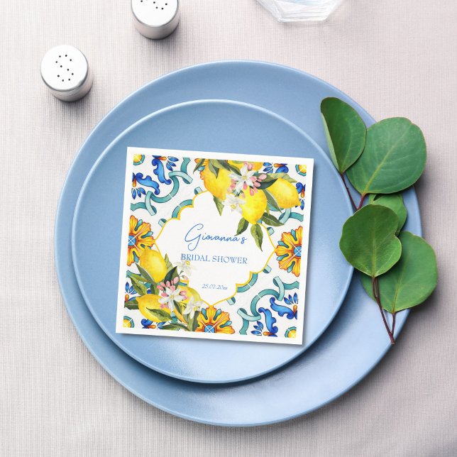 Servilleta De Papel Azulejos mediterráneos de mayólica limones despedi (Mediterranean Majolica blue tiles lemons bridal shower personalized printed Napkins table decor)