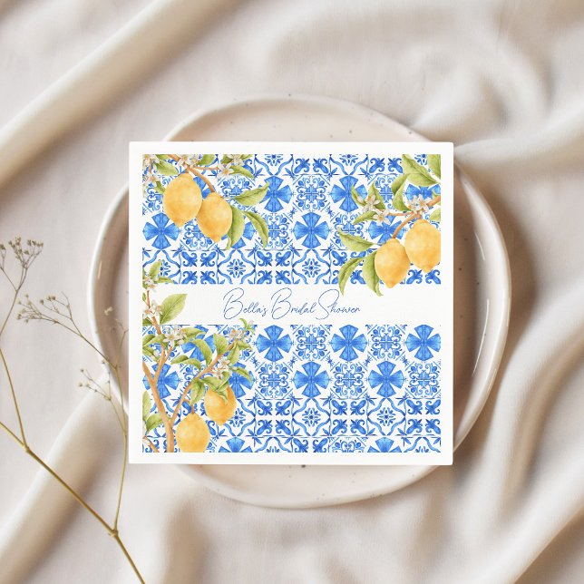 Servilleta De Papel Azulejos Mediterráneos Limones Novia Main Squeeze (Blue Tiles Main Squeeze Lemons Bridal Shower napkins)
