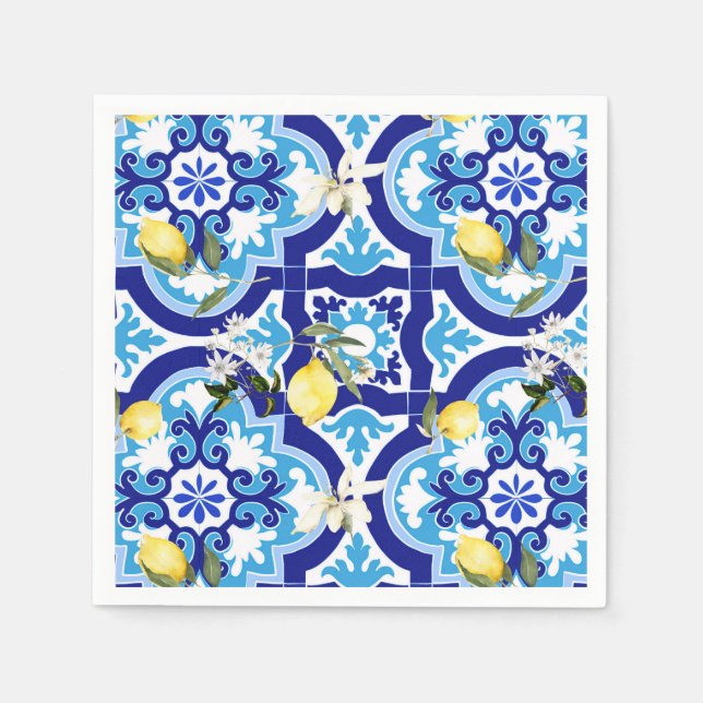 Servilleta De Papel azulejos mediterráneos, mosaicos, limón, (Anverso)