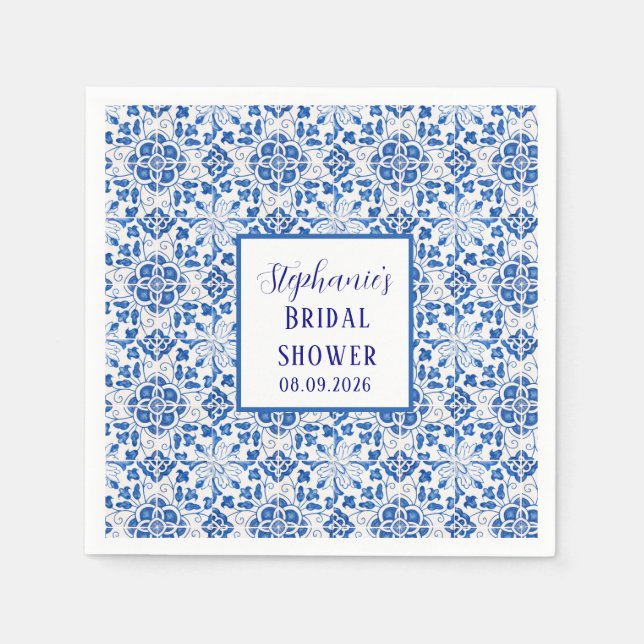 Servilleta De Papel Azulejos portugueses Boda mediterránea azul (Anverso)
