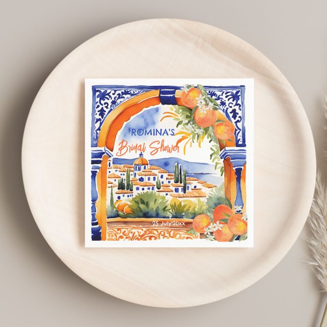 Servilleta De Papel Azulejos talavera azul naranja ducha de novia (Orange blue azulejo talavera tiles Spanish summer bridal shower template printed napkins bold colors)