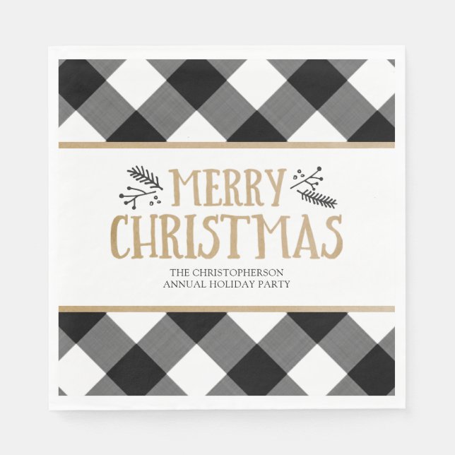 Servilleta De Papel B&W Buffalo Check Brown Kraft Feliz Navidad (Anverso)