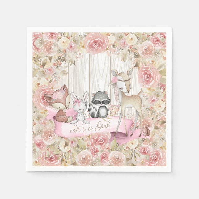 Servilleta De Papel Baby Animals Chica Woodland Baby Shower (Anverso)