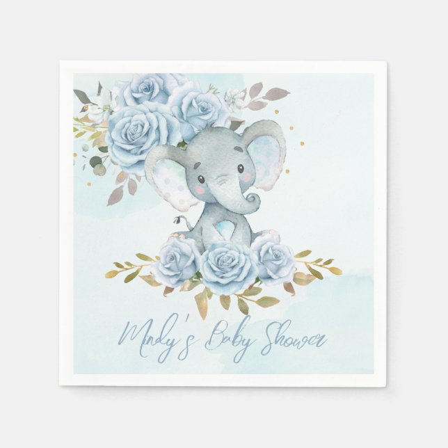 Servilleta De Papel Baby Blue Floral Cute Elephant Boy Baby Shower (Anverso)