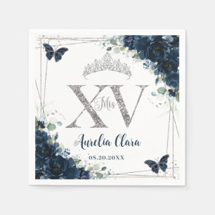 Servilleta De Papel Baby Blue Floral Mariposas Quinceañera XV Plata