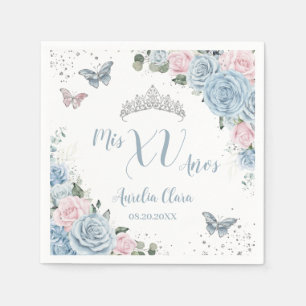 Servilleta De Papel Baby Blue Light Pink Floral Butterfly Quinceañera