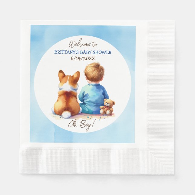 Servilleta De Papel Baby Boy y su Corgi Puppy Baby Shower (Anverso)