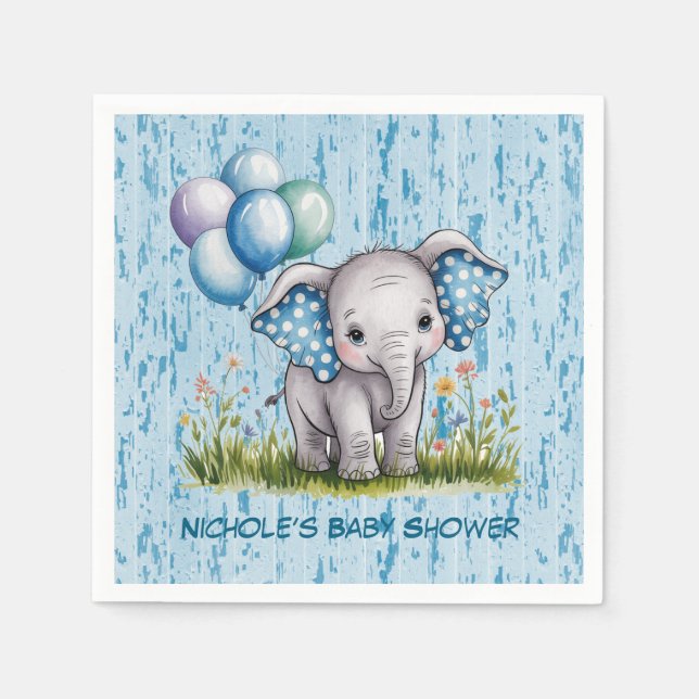 Servilleta De Papel Baby Elephant and Wildflower Boy Baby Shower (Anverso)