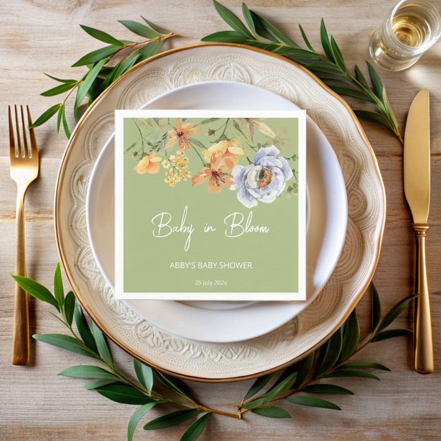 Servilleta De Papel Baby in bloom sage green flowers baby shower (Baby in bloom sage green flowers baby shower printed napkins personalized table decor)