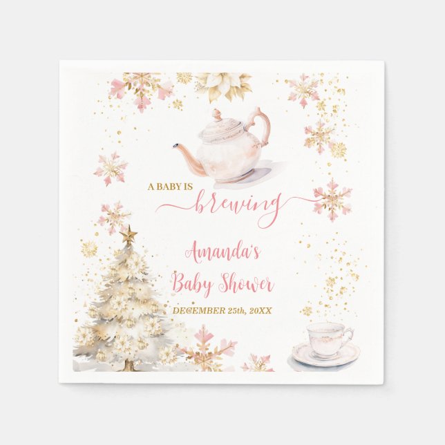 Servilleta De Papel Baby Is Brewing Pink Winter Tea Party Baby Shower (Anverso)