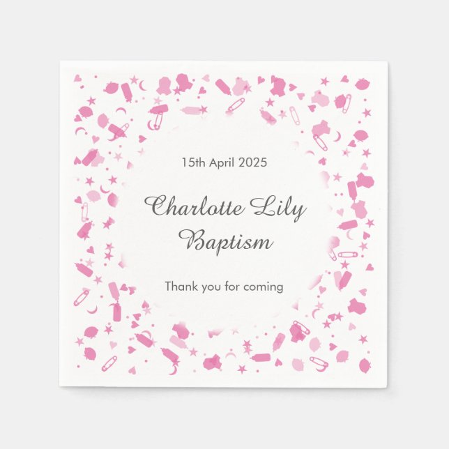 Servilleta De Papel Baby Pink Confetti Baptism Christening (Anverso)