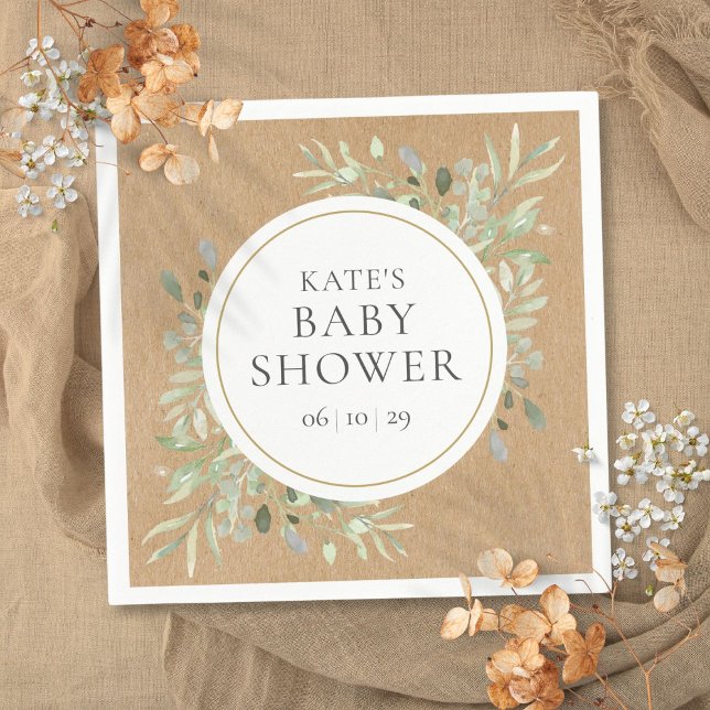 Servilleta De Papel Baby Shower Acuarela Greenery Kraft Rústico (Rustic Kraft Watercolor Greenery Baby Shower Napkins)