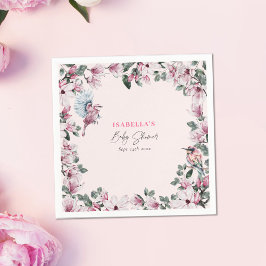 Servilleta De Papel Baby Shower acuarela rosa con flores y pájaros