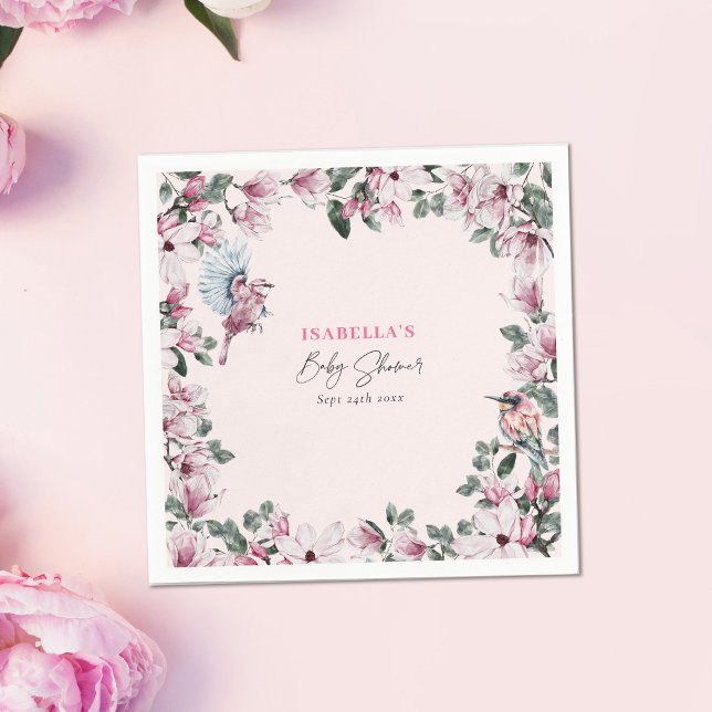 Servilleta De Papel Baby Shower acuarela rosa con flores y pájaros (Subido por el creador)