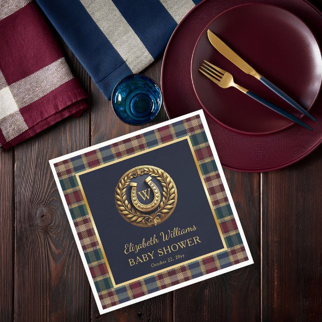 Servilleta De Papel Baby Shower azul monograma preppy Gold Horseshoe (Equestrian Emblem Monogram Preppy Navy Blue and Plaid Boy Baby Shower Paper Napkins)