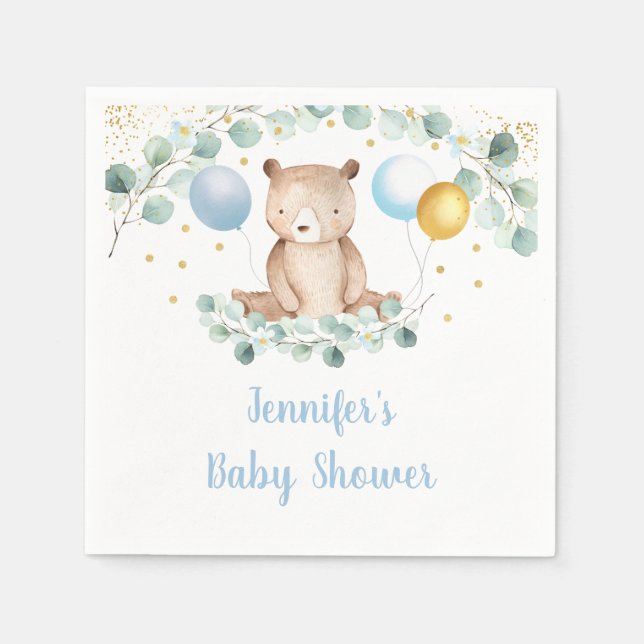 Servilleta De Papel Baby Shower Bear Greenery Gold Blue Boy (Anverso)
