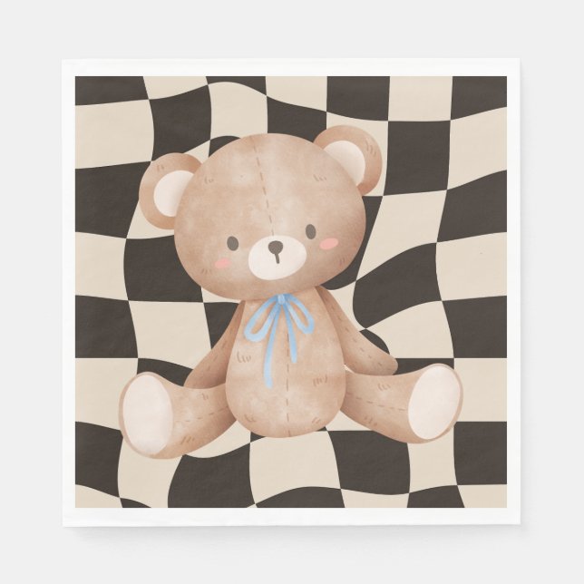 Servilleta De Papel Baby Shower Bear on Checkerboard Luncheon (Anverso)