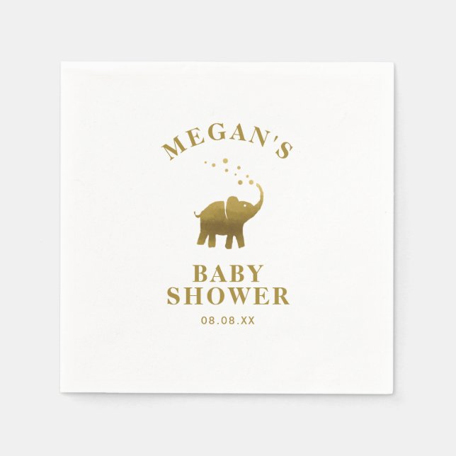 Servilleta De Papel Baby Shower blanco elefante dorado (Anverso)