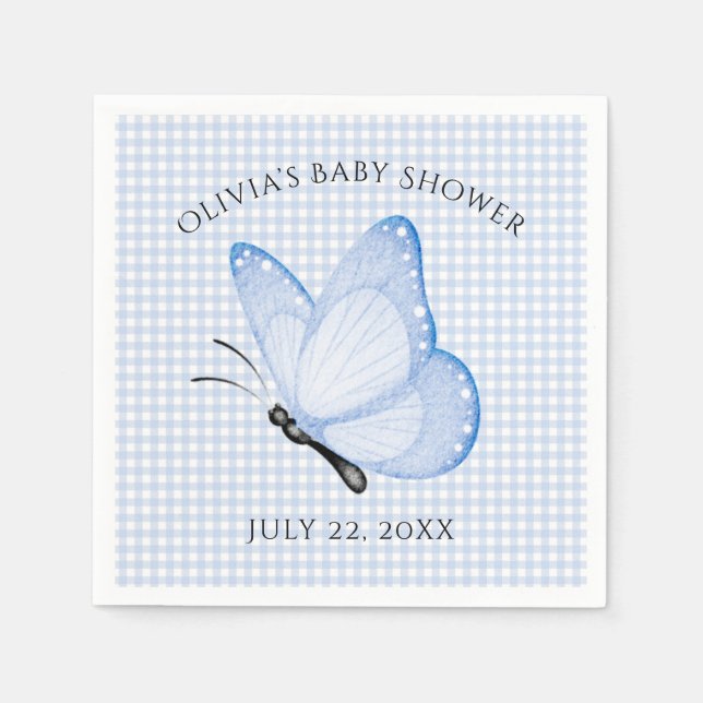 Servilleta De Papel Baby Shower Blue Gingham Baby Boy Butterfly (Anverso)