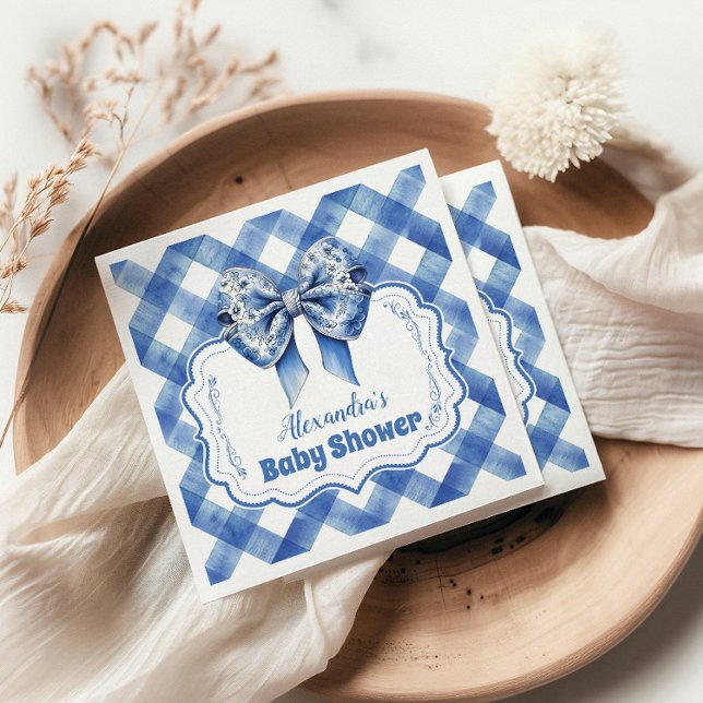 Servilleta De Papel Baby Shower Blue Gingham y Bow (Subido por el creador)