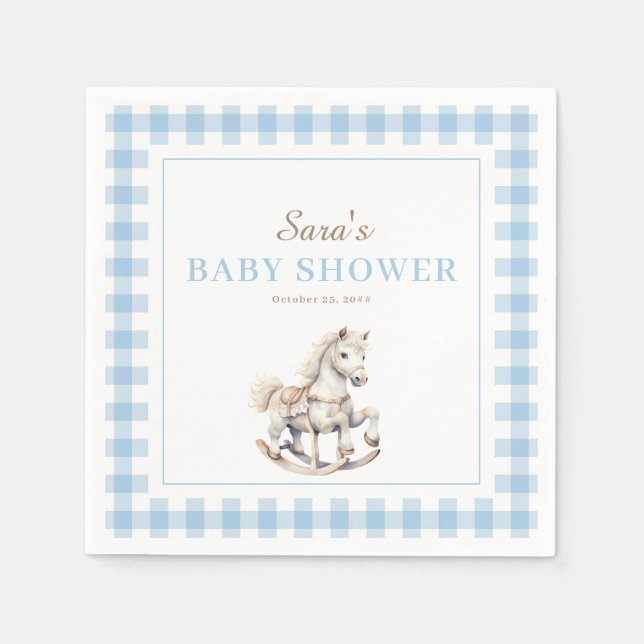 Servilleta De Papel Baby Shower Blue Plaid Rocking Horse (Anverso)