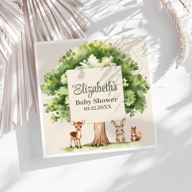 Servilleta De Papel Baby Shower Boho Cute Woodland Animals (Boho Cute Woodland Animals Baby Shower Napkins on a sunny white table.)