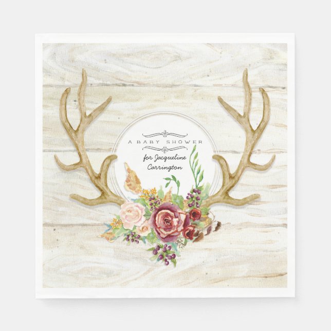Servilleta De Papel Baby Shower Boho Rubor Burgundy Rosa Deer Antlers (Anverso)