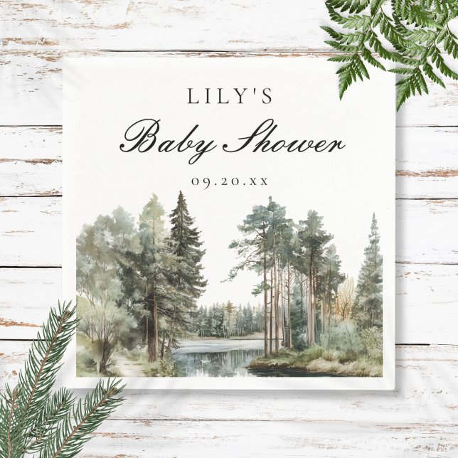 Servilleta De Papel Baby Shower Bosque Lago Acuarela Rústico (Rustic Watercolor Lake Forest Woodland Baby Shower Napkins)