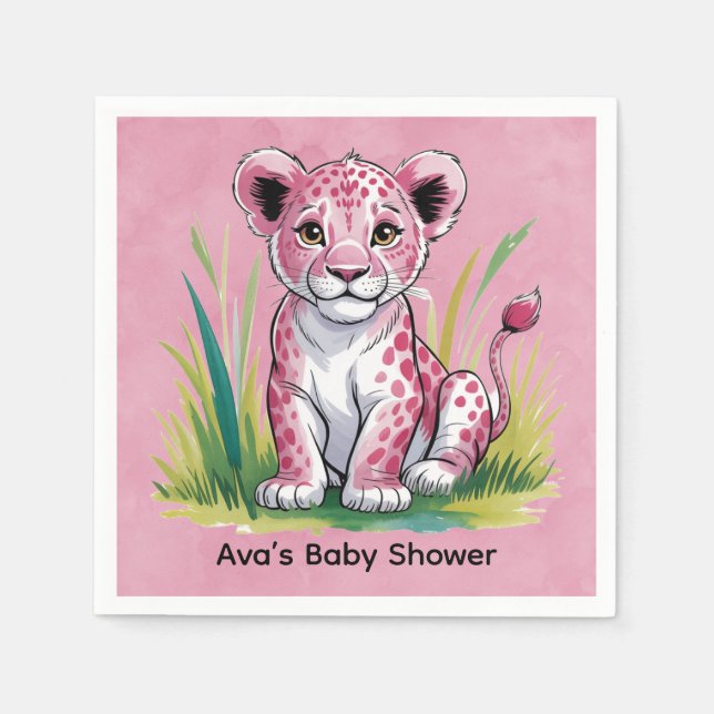 Servilleta De Papel Baby Shower Chica de leones rosados (Anverso)