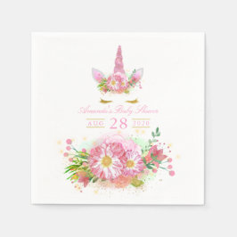 Servilleta De Papel Baby Shower, Chica de unicornio con flores rosadas