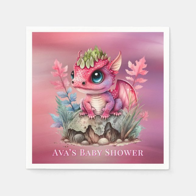 Servilleta De Papel Baby Shower Chica Dragón rosa caliente (Anverso)